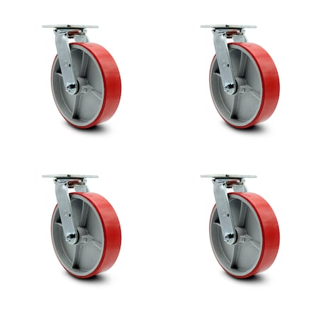 Polyurethane on Cast Iron Swivel Top Plate Caster Set of 4 w/8" x 2" Red Wheels - Includes 4 Swivel - 5000 lbs Total Capacity - Service Caster Brand